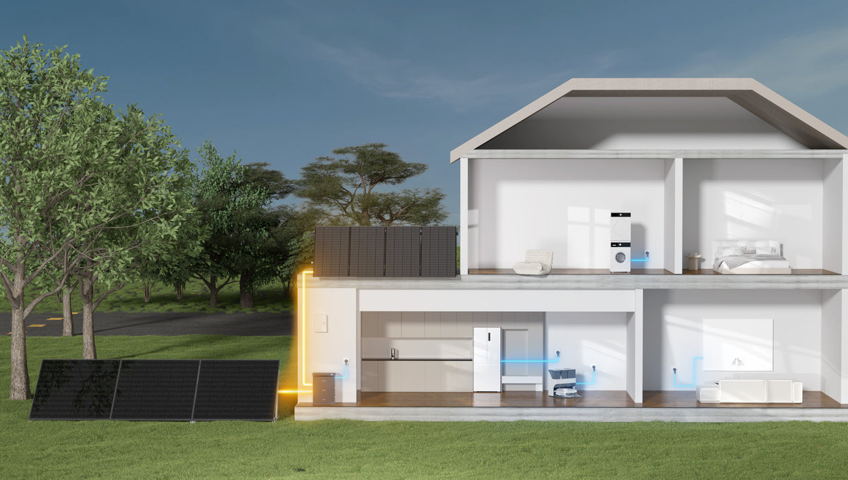 Schnittdarstellung eines Hauses: Solarmodule am Balkon, Glory Speicher und Stromverteilung im Gebäude