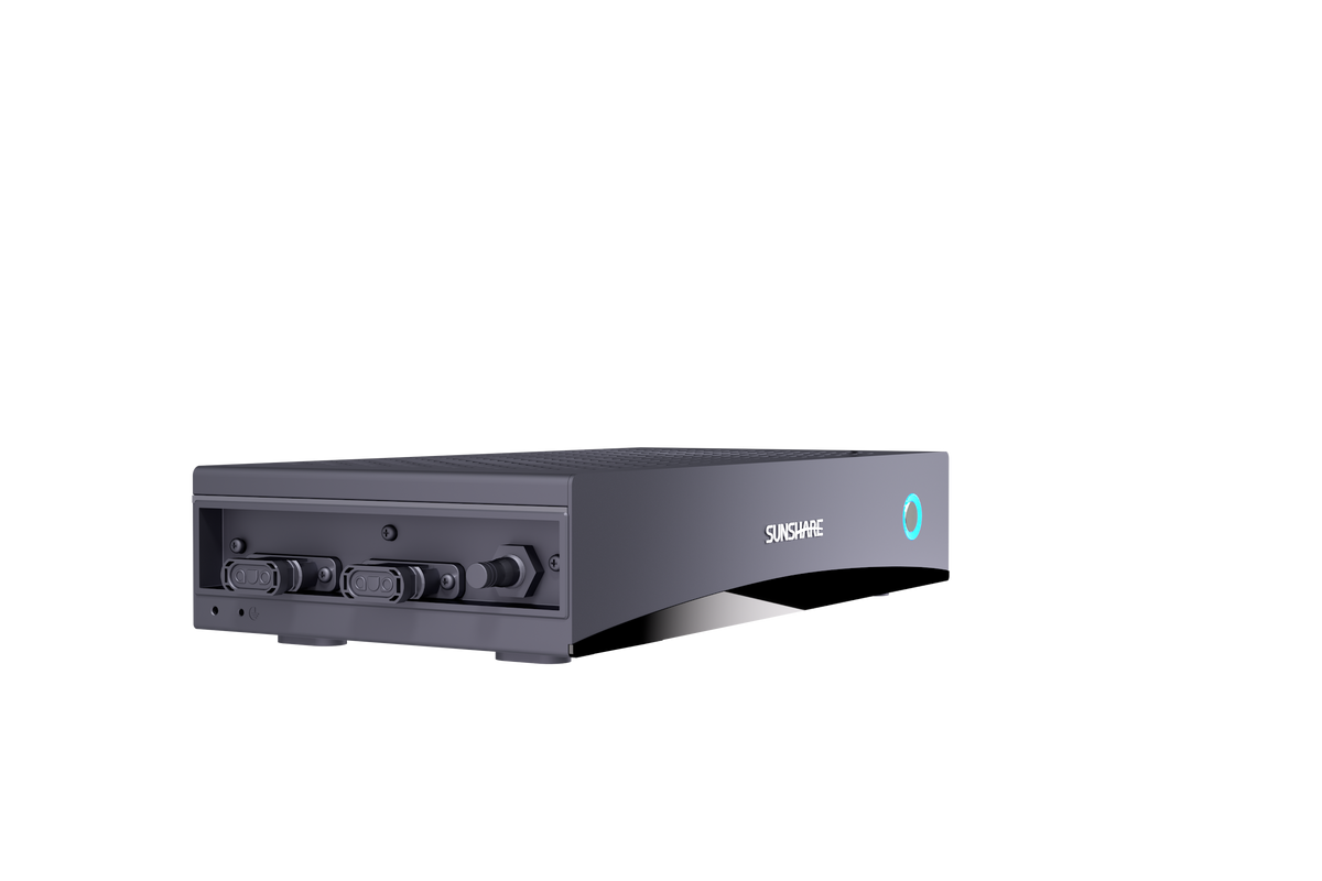 Glory Hybrid-Wechselrichter 1,2 kW, Anschlussseite mit DC- und AC-Steckverbindern