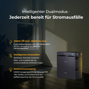 Dualmodus: 1200 W Off-Grid-Ausgang und 800 W On-Grid-Einspeisung, Notstromversorgung bei Stromausfall